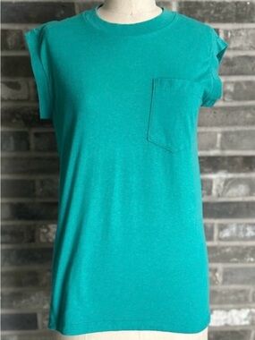 Vintage Made In USA Teal Pocket Muscle Tee Sleeveless Blank T Shirt Medium